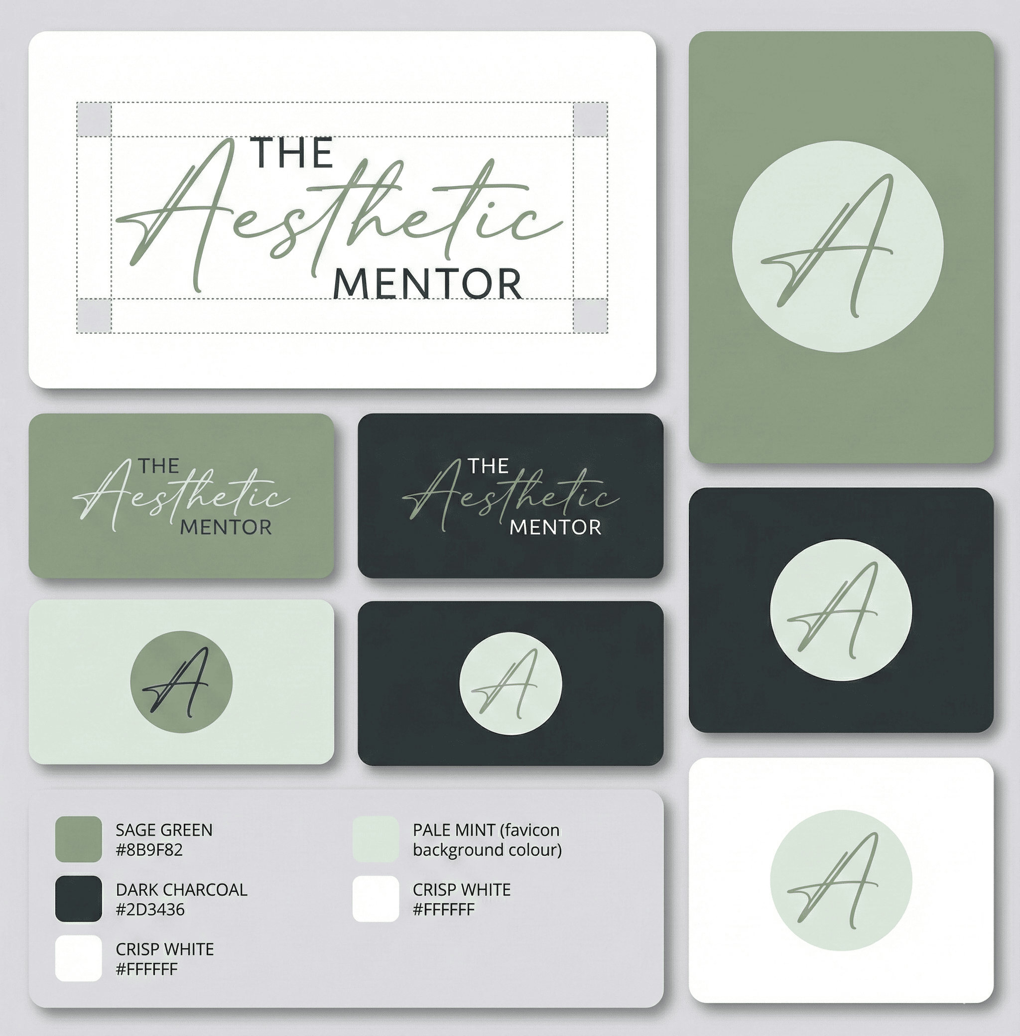 The Aesthetic Mentor logo board showing primary logo, monogram, and brand mark variations