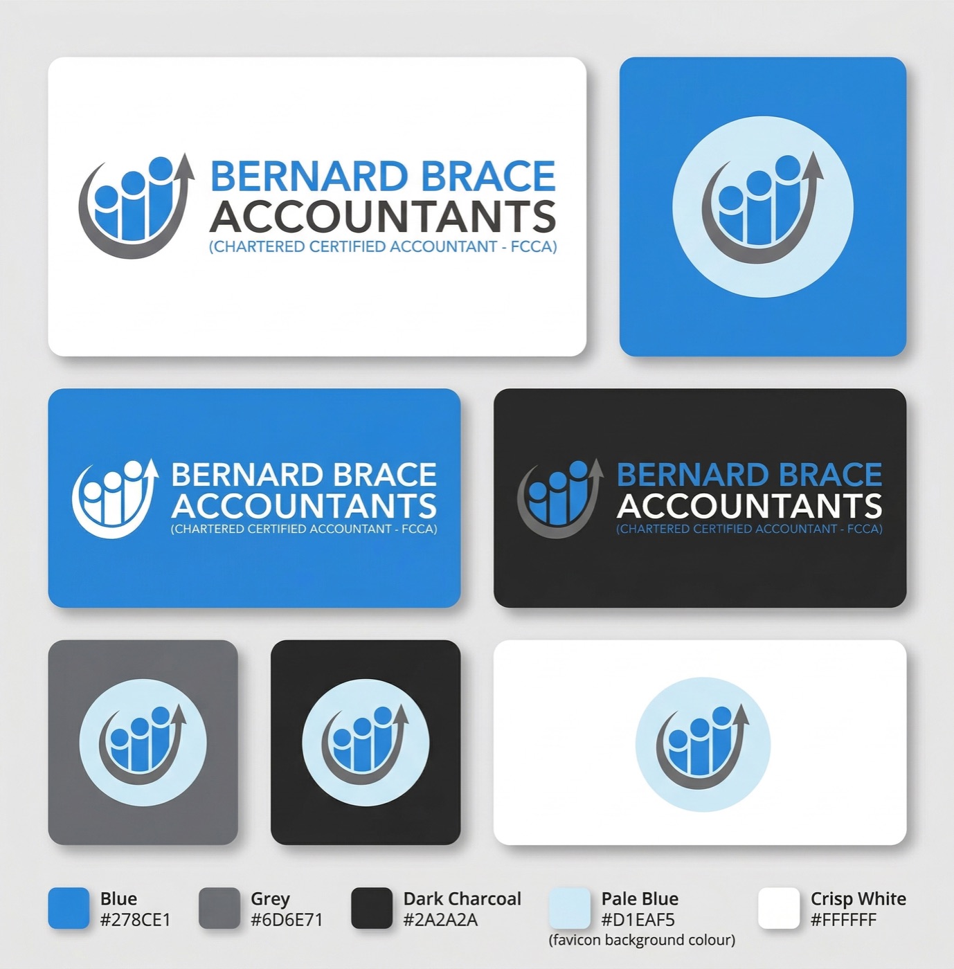 Bernard Brace Accountants logo card showing primary people-icon logo, brand colour palette in blues and white, and professional typography
