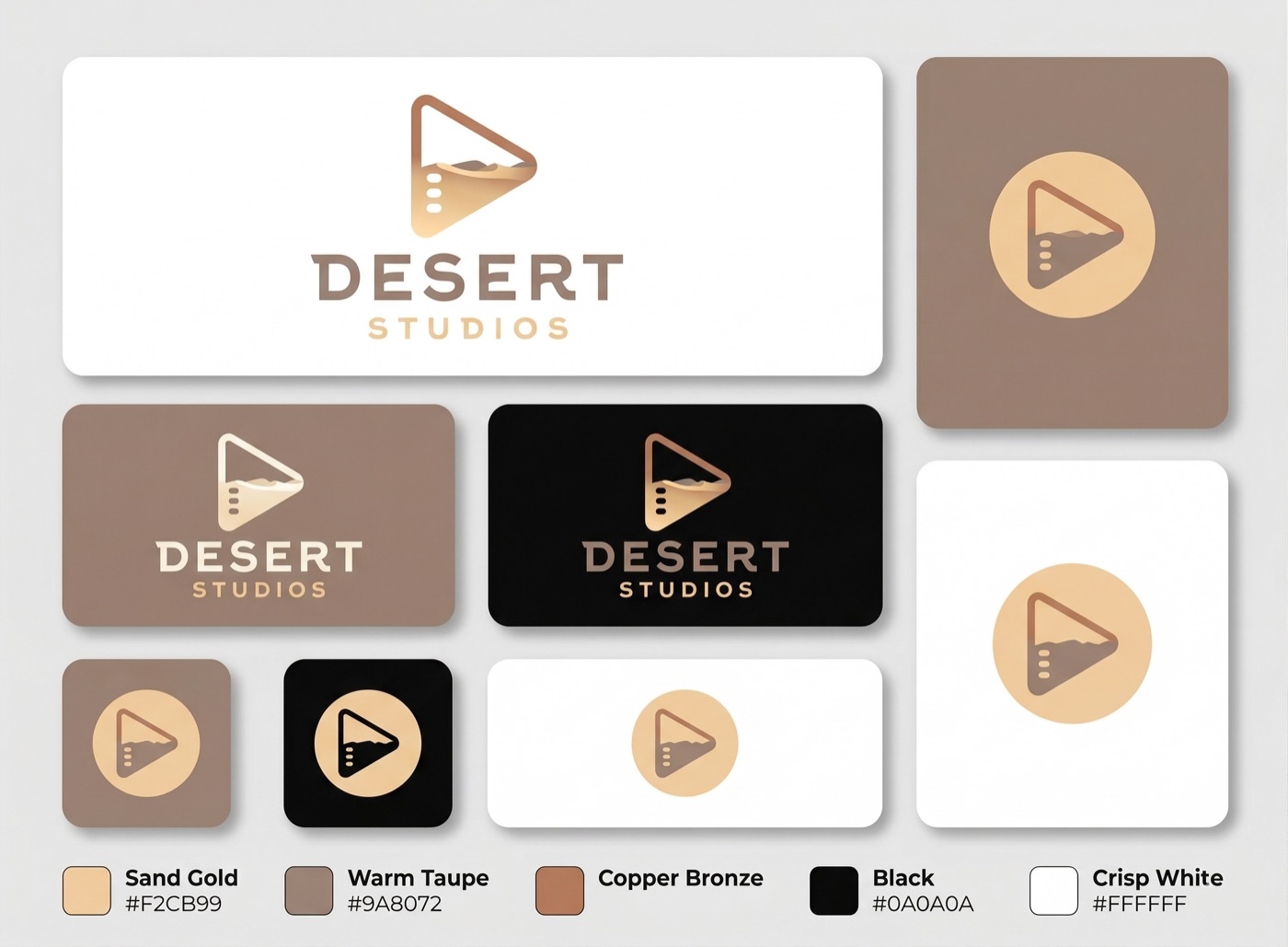 Desert Studios logo card showing primary logo, brand colour palette in warm desert tones, and cinematic typography