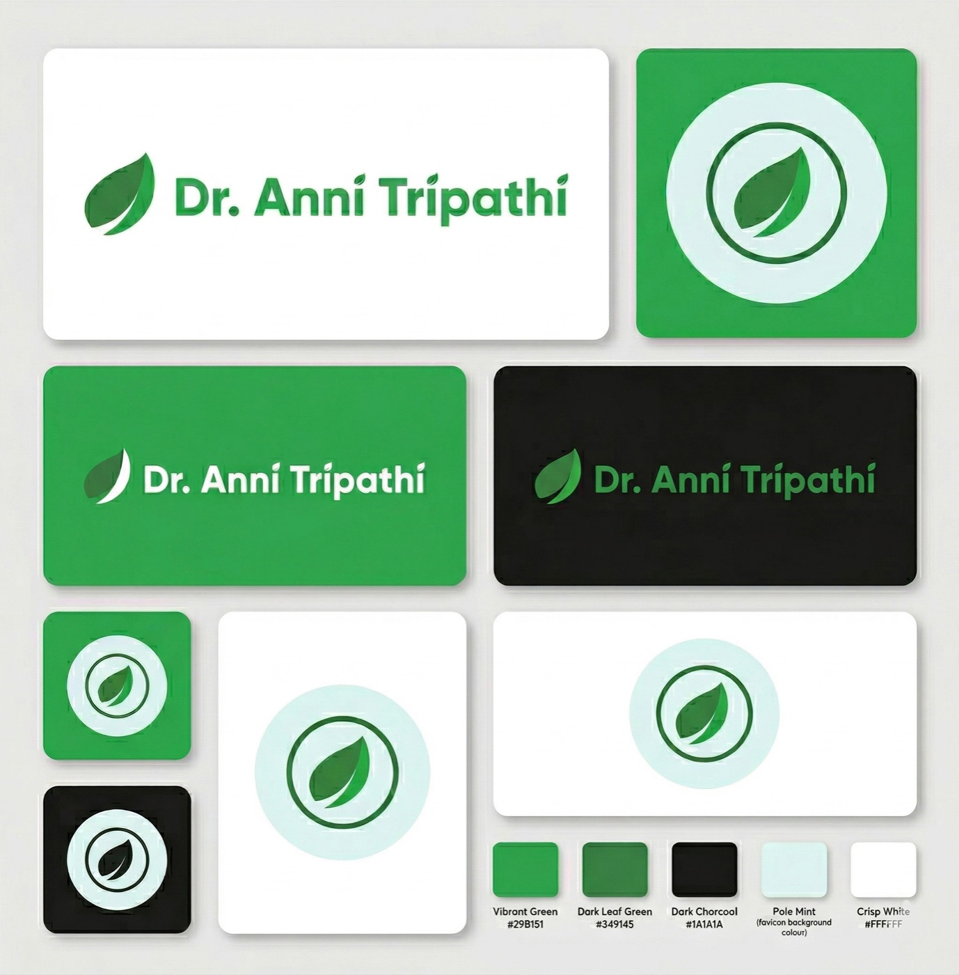 Dr Anni Tripathi logo card showing primary leaf logo, brand colour palette in greens and white, and clean modern typography