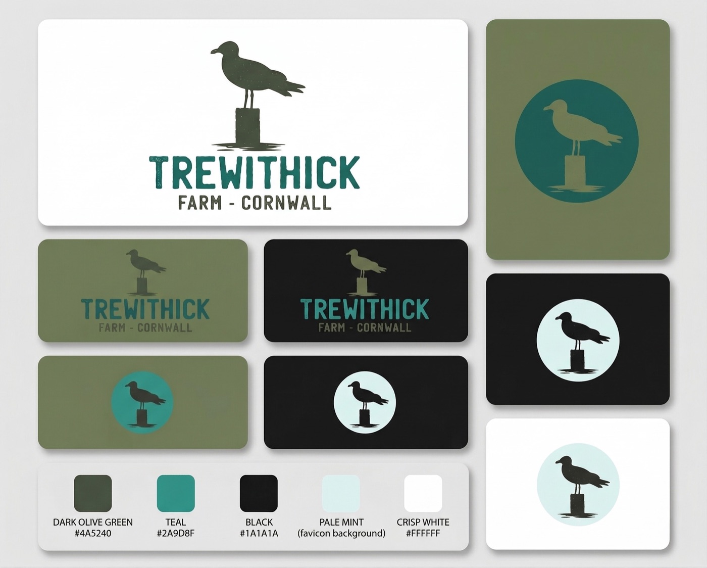 Trewithick Farm logo board showing primary seagull logo, secondary mark, brand colour palette, and typography in teal and charcoal tones