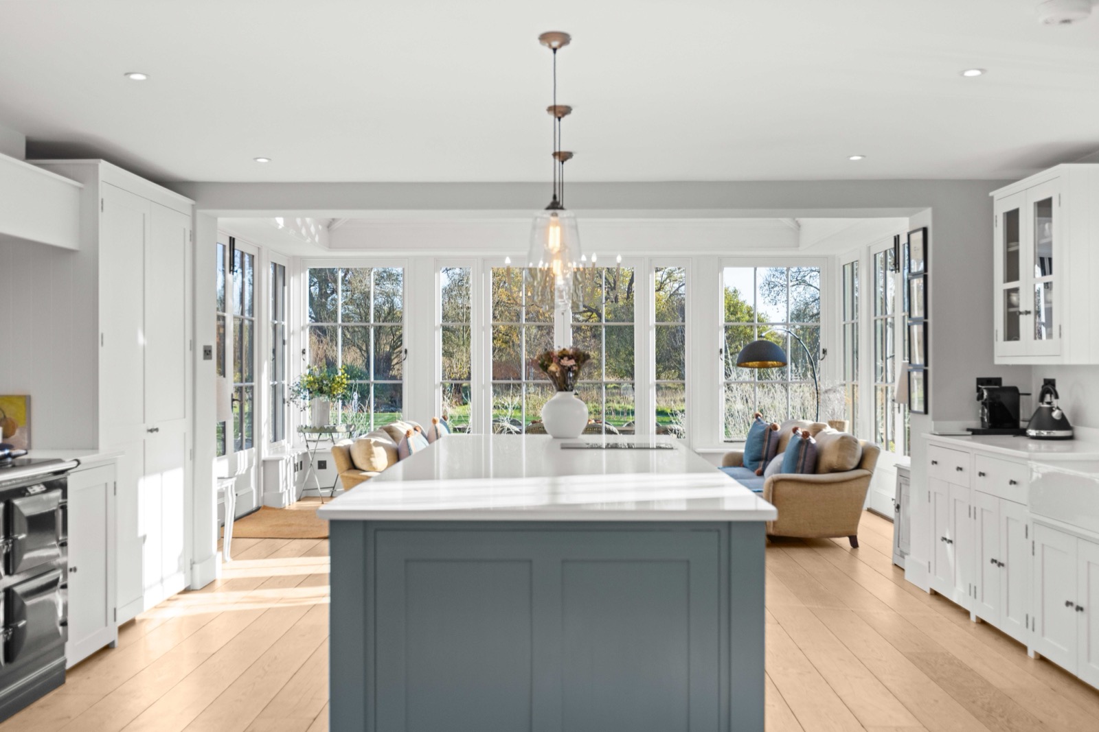 Philpot Lane, Chobham - kitchen island and doors to the garden