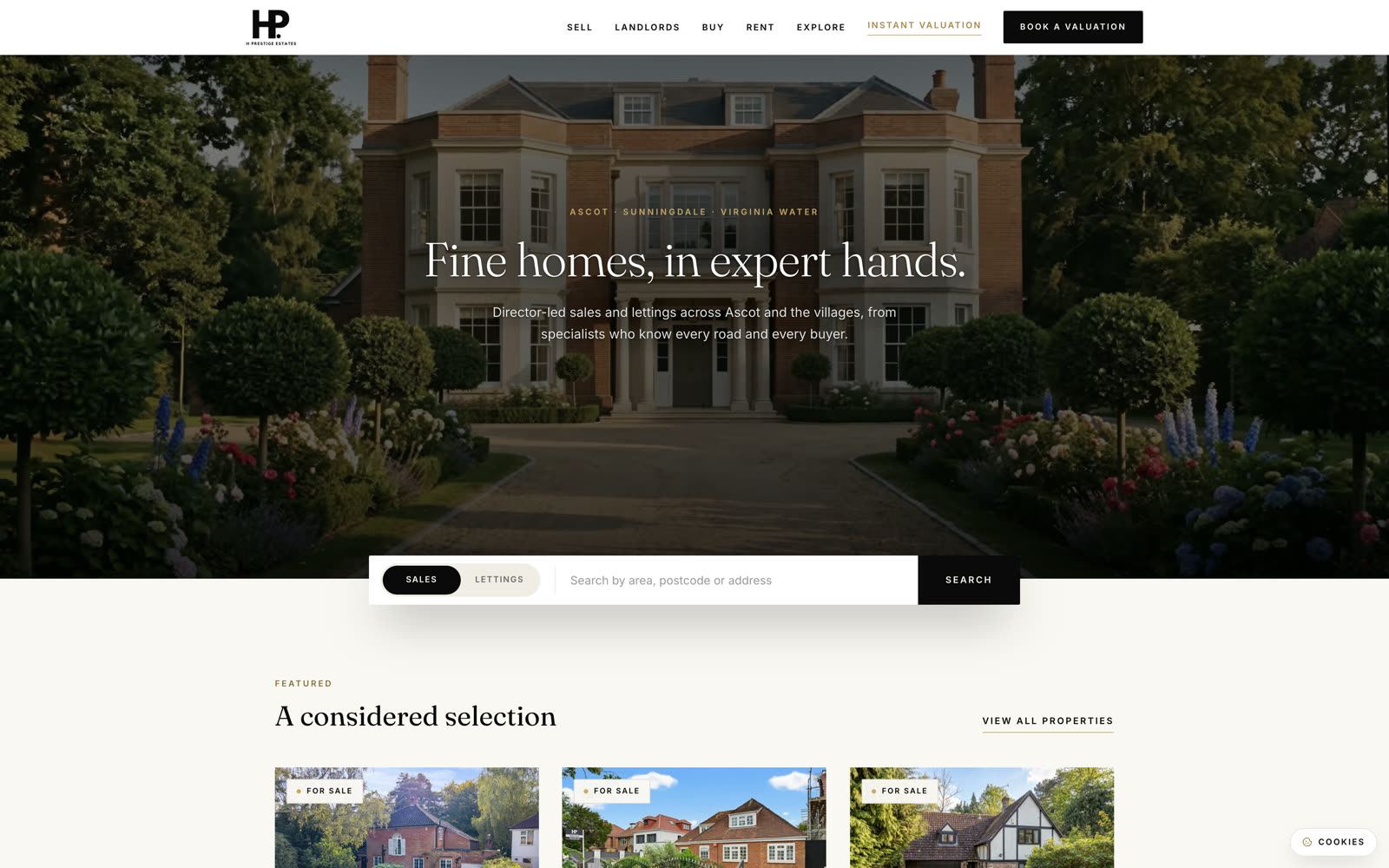 Editorial homepage hero of the H Prestige Estates website