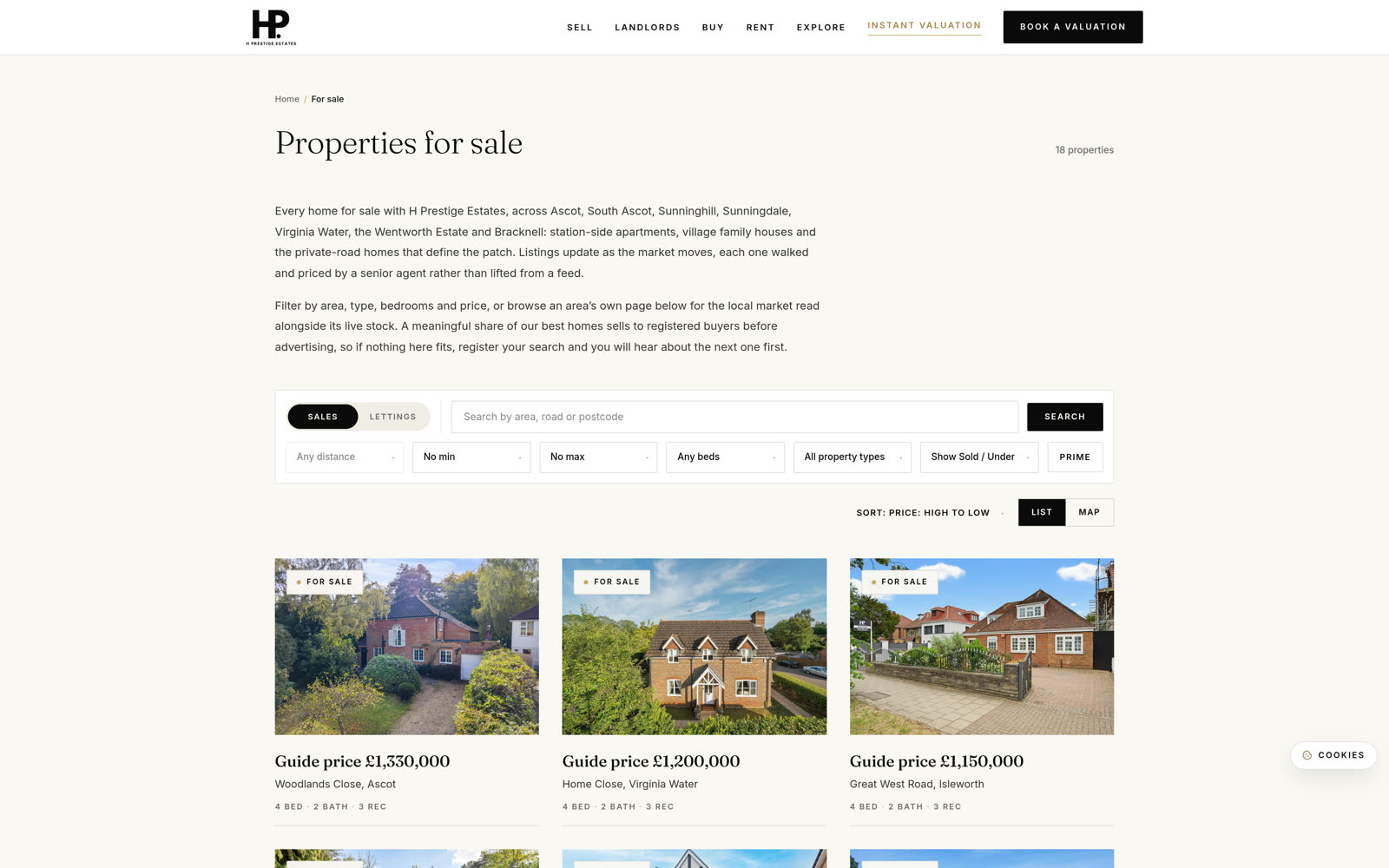 Property search with map view on the H Prestige Estates estate agency website
