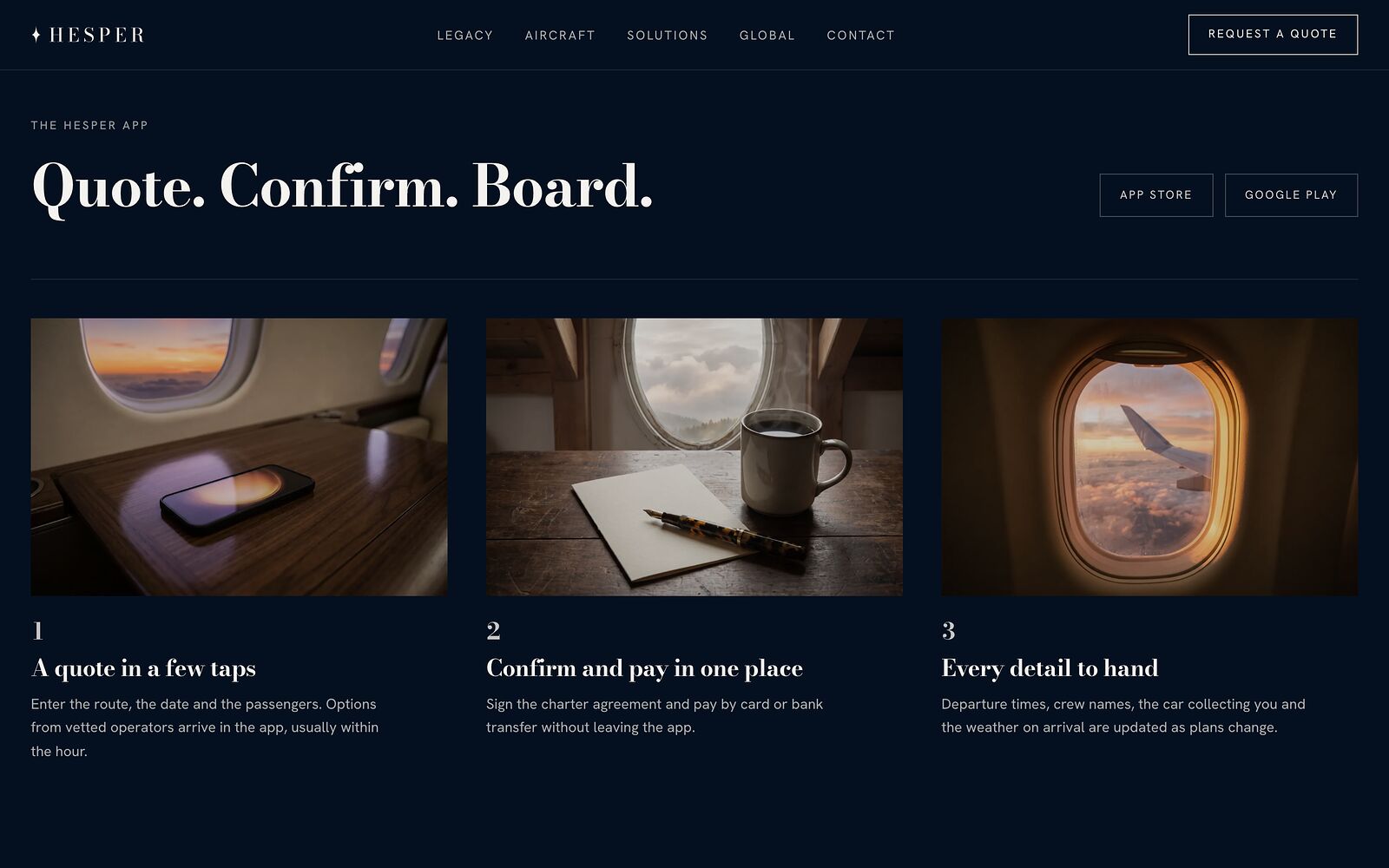 The Hesper app section: quote, confirm and board, with three cabin photographs