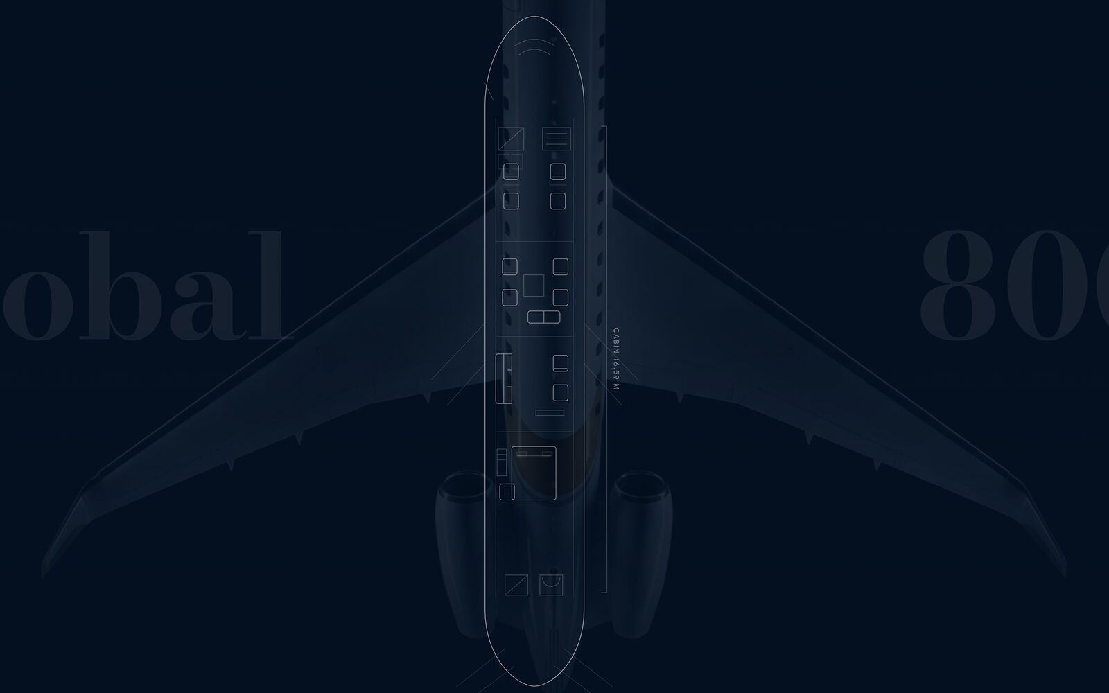 The Global 8000 cabin floorplan drawing itself line by line over the airframe