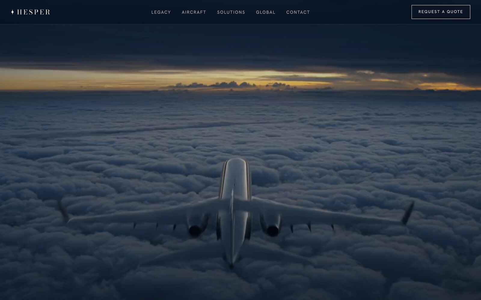 A private jet crossing above the clouds at dusk, scrubbed by the scroll on the Hesper Jets website