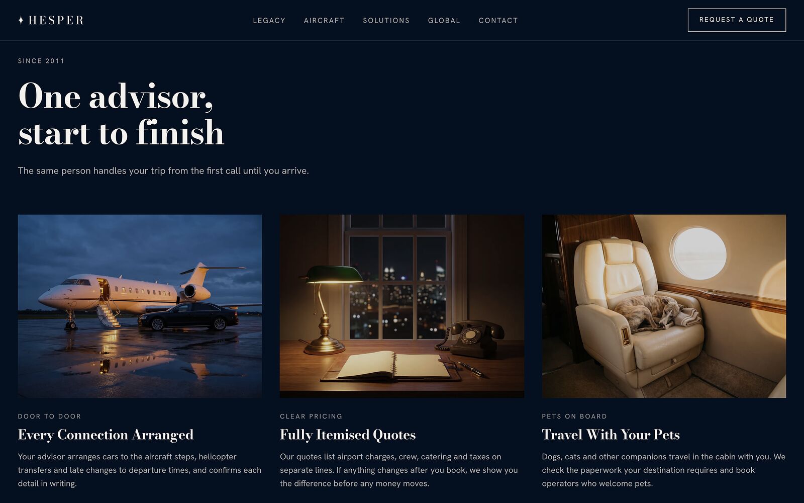 The service section of the Hesper Jets website with three art-directed photographs