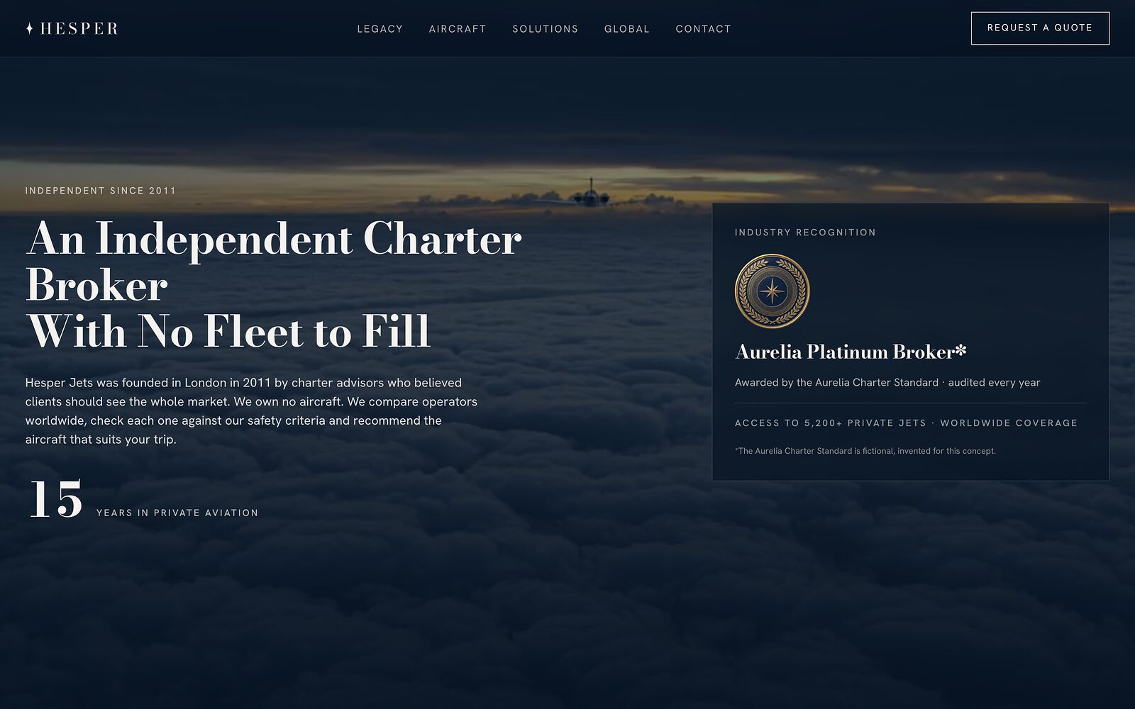 The Hesper Jets brand statement over the clouds, with the years counter and an industry recognition plate