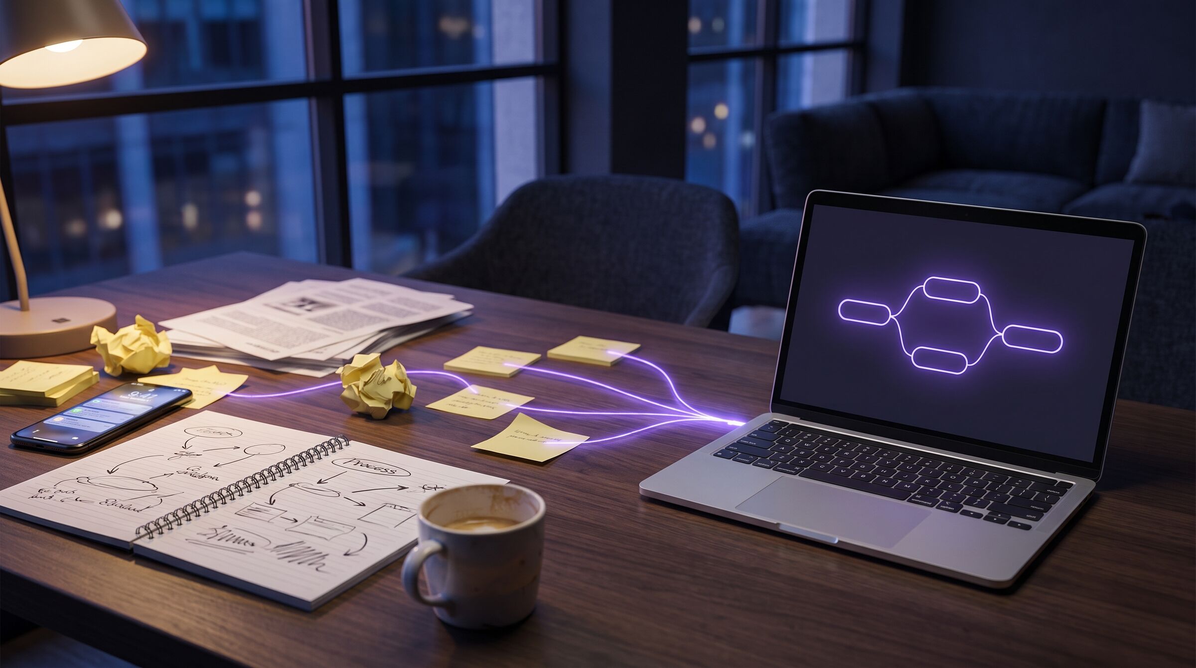Sticky notes and hand-drawn process maps on a desk, linked by light to a laptop showing a clean workflow diagram